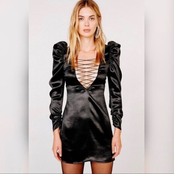 For Love and Lemons New Puff Sleeve Black Satin Prince Mini Dress XS NWT - Picture 10 of 10